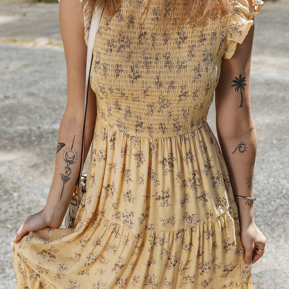 B265 Yellow Boho Floral Print Ruffle Smocked Flowy Summer Dress - Picture 3 of 12